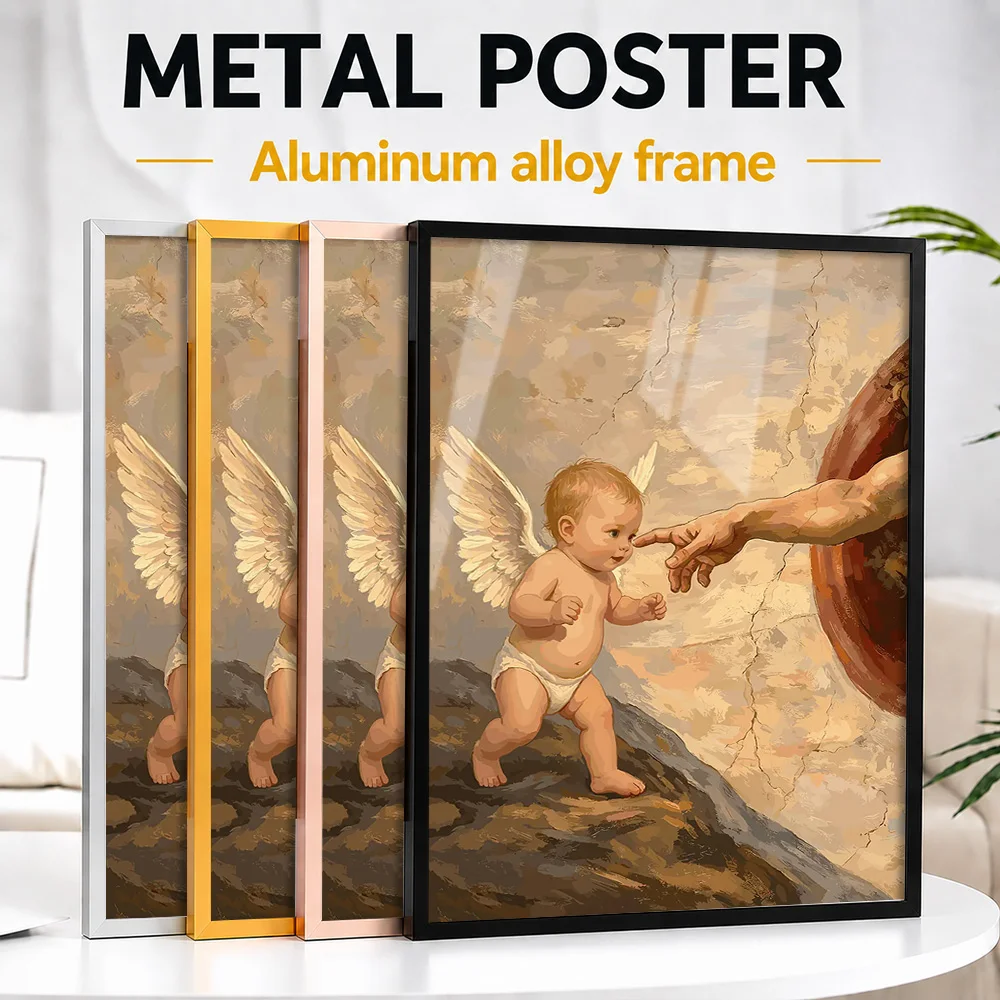 Creation Of Adam Baby Angel Metal Poster With Aluminum Alloy Frame Personalized Spiritual Symbolism Wall Art For Prayer Room