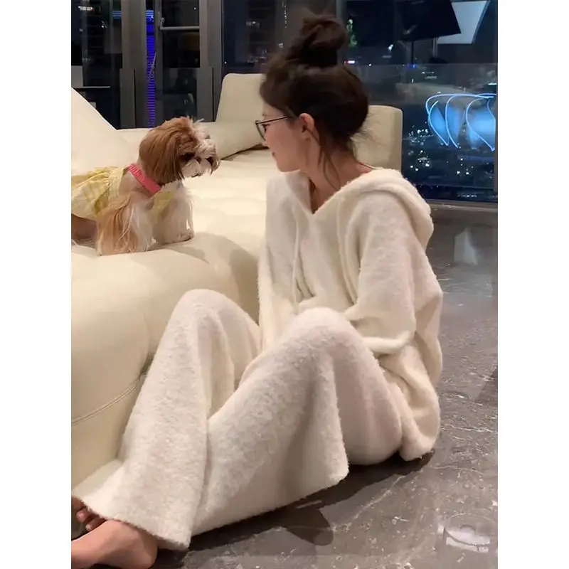 

Women's Clothing Coral Fleece Hooded Pajamas Autumn and Winter New Model Thicken Homewear Leisure Thermal Set Outerwear