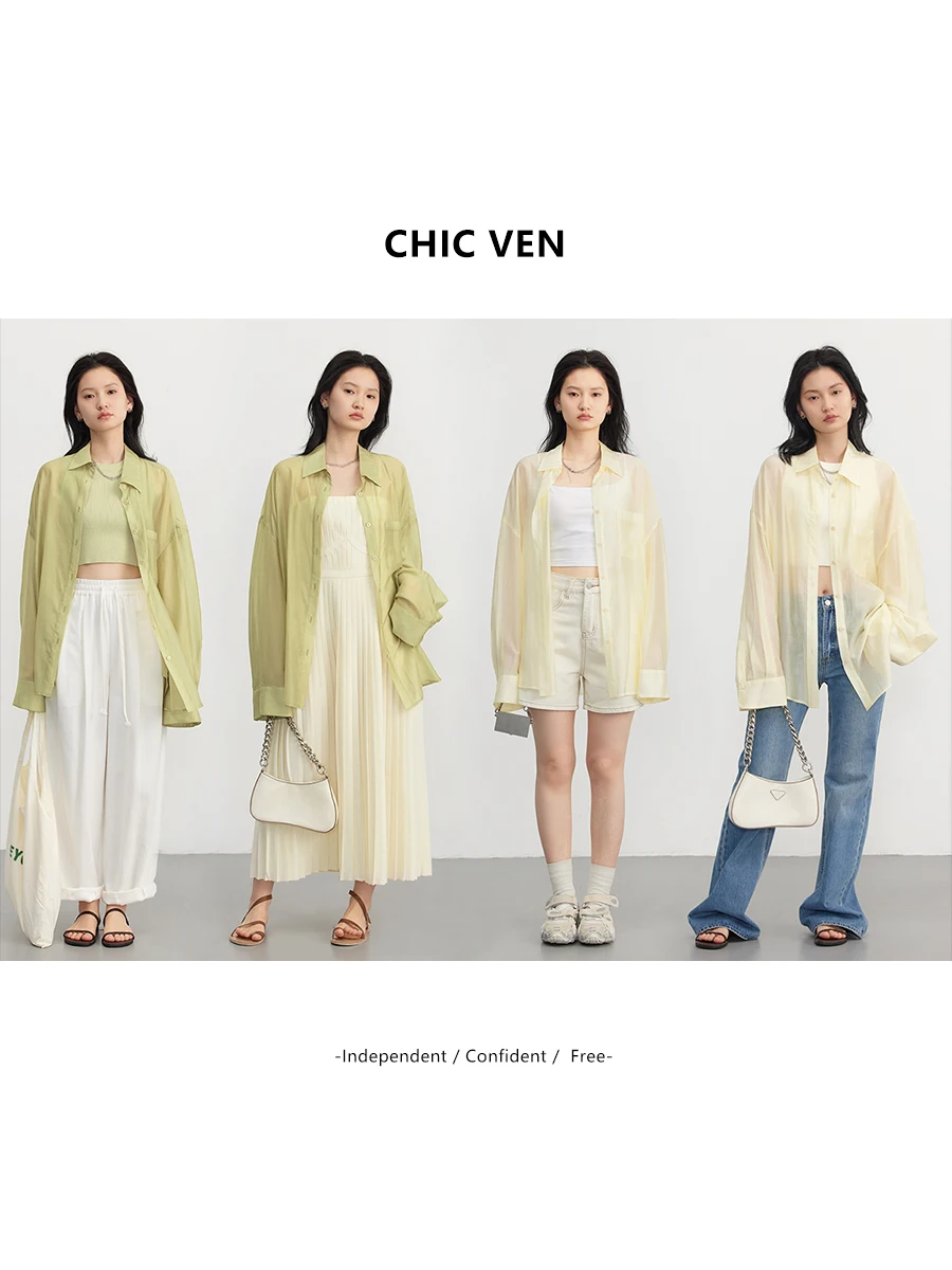 CHIC VEN-blusas coreanas para mujer, blusas drapeadas de manga larga, Tops ligeramente transparentes, camisas de protección solar para mujer, verano 2023