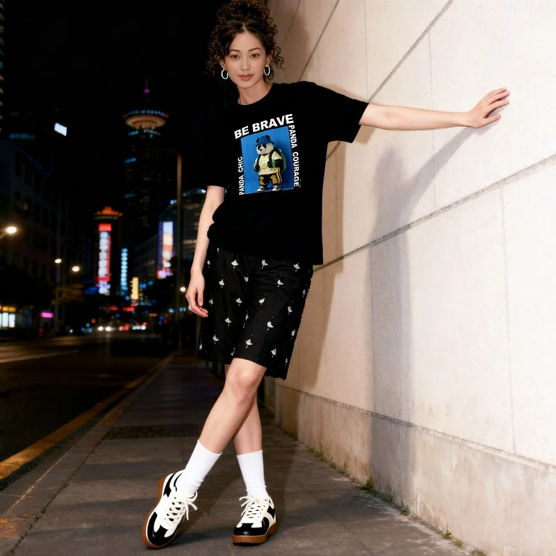 New Chinese Style Panda Print Streetwear round Neck Short Sleeve T-Shirt for Women Original Trendy Brand National Pride