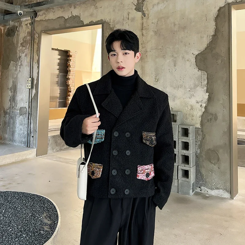 

Men's Short Woolen Coat Patchwork Lapel Long Sleeve Double Breasted Trench Coats Korean Stylish Handsome Thick Wool Jacket