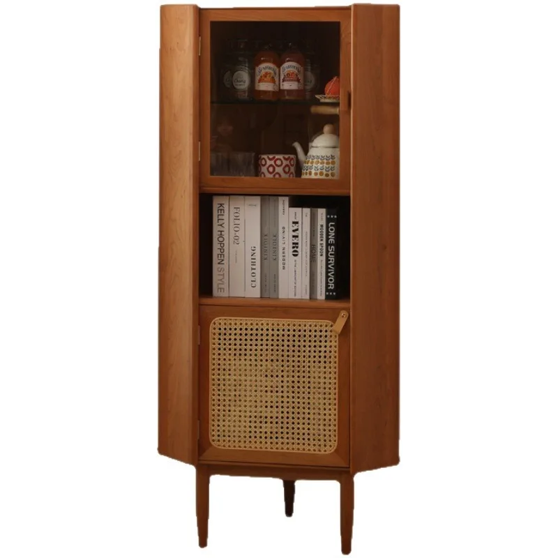 

Solid wood corner cabinet, living room triangular side cabinet, rattan cherry wood shelf