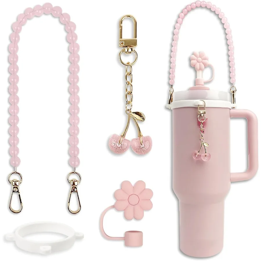 

Cup Accessories Set for 30 oz 40 oz 20 oz mini Tumbler Includes Straw Cover Water Bottle Handle Strap and Cherry Charm Compat
