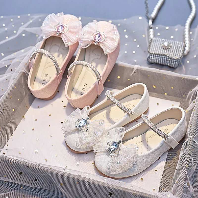 Girls Mary Jane Shoes with Bow-knot Fashion Kids Pearls Crown Princess Shoes for Party Wedding Children Leather Shoes