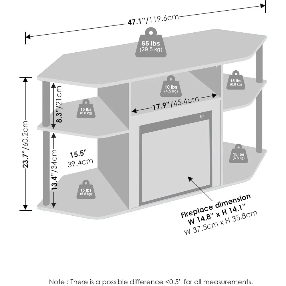 Soporte de TV esquinero con chimenea eléctrica decorativa y almacenamiento abierto, centro de entretenimiento para televisores, postes de plástico incluidos