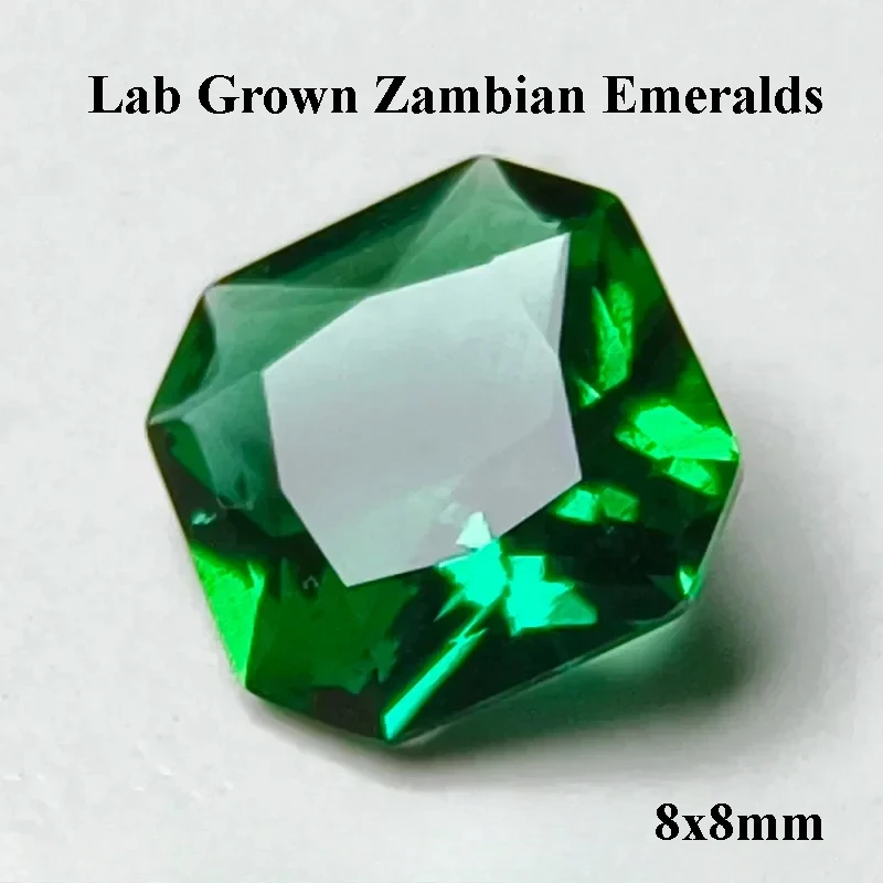 

Lab Grown Zambian Emeralds Hand Cutting Square Hydrothermal No Corners with Cracks Inclusions Inside Selectable AGL Certificate