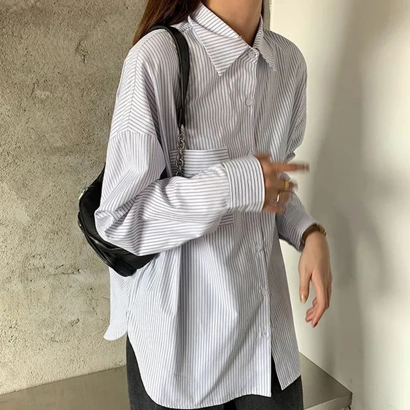 Striped Shirt Women Summer New Fashion Elegant Loose Long Sleeve Top Korean Casual Office Ladies Turn Down Collar Blouse