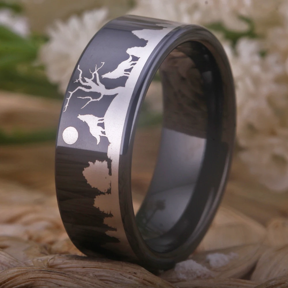 8mm Black Pipe Tungsten Carbide Wedding Ring Wolf Lasered Seagull/Forest Landscap/Panda/Deer/Hunting/Fl Anniversary Ring