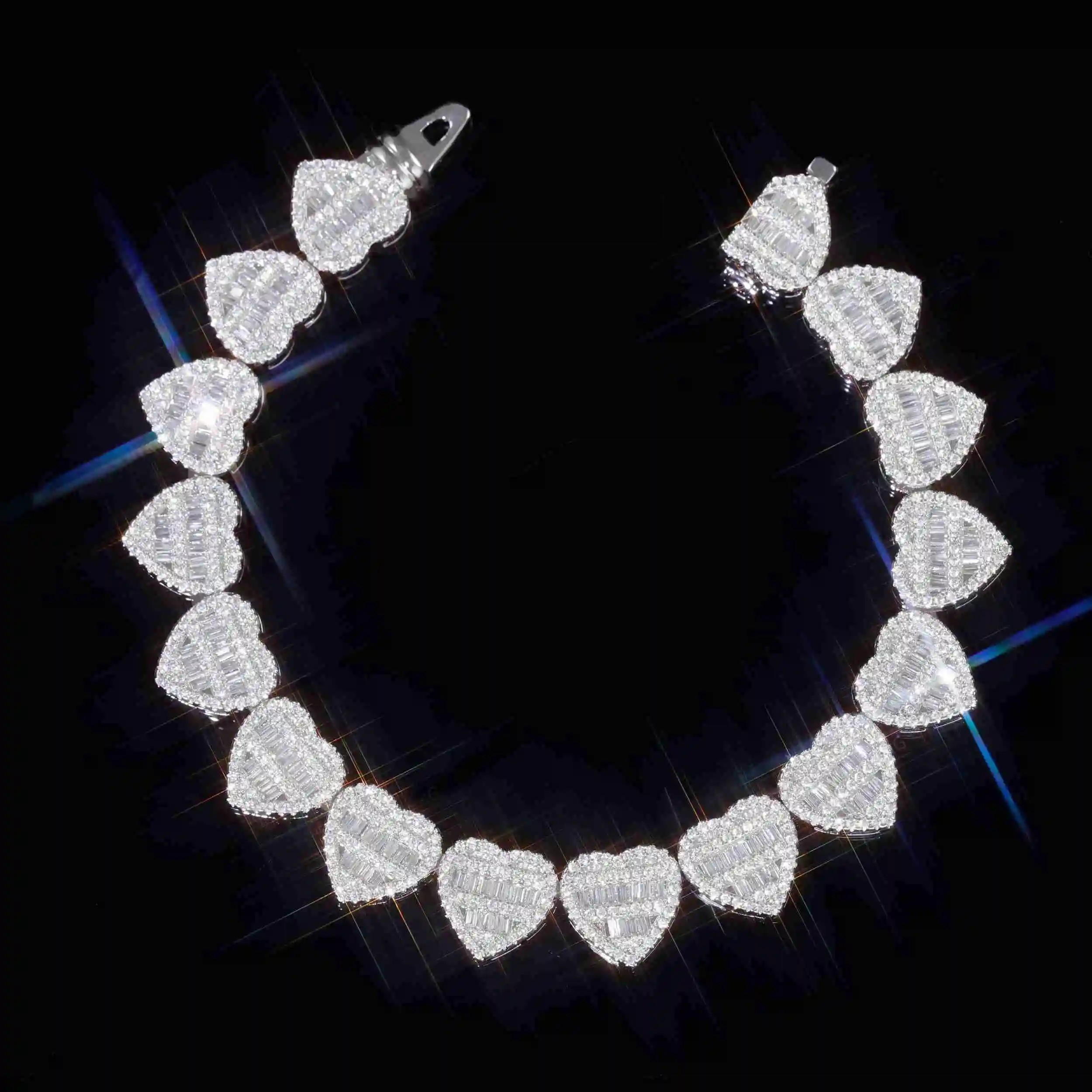 Pass Diamond test Heart Charms baguette Cut Moissanite Links Bracelet White Gold Plated S925 Silver Cuban Chains Bracelet，