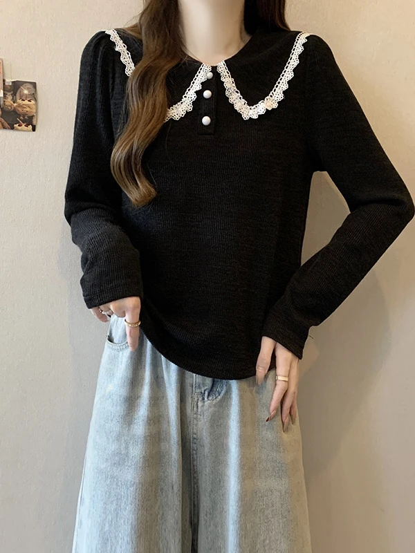 

plus Size Women's Thiened Lace Trimmed Doll Collar Sweater Warm Autumn Winter Knitted irt Sli Commute Korean Sle Sl...