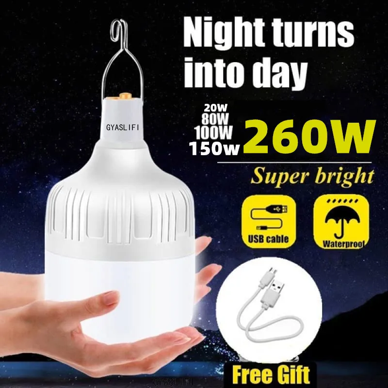 260W Camping Light USB Rechargeable LED Bulb 5 Lighting Modes Hanging Tent Light Portable Emergency Bulb for Garden Outdoor