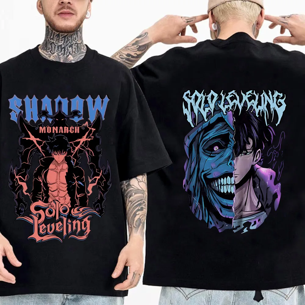 سولو التسوية تي شيرت سونغ جينوو جديد أنيمي مانغا قميص أسود المحملة عالية الجودة القطن قصير الأكمام التي شيرت الذكور