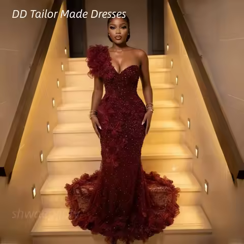 One Shoulder Mermaid Luxury Prom Dress Burgundy Sequined Long Evening Gowns Handmde Flowers Backless Pageant Dresses Customized