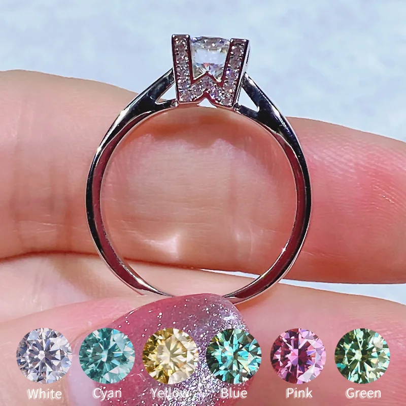 

On Sale Moissanite Ring For Women One Carat Color D VVS1 3EX Cut Blue Pink Yellow Green Red White S925 Silver Jewelry Wholesale