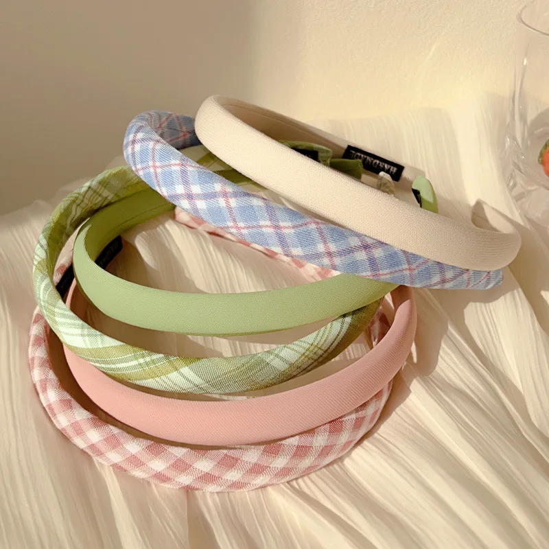 Candy Color Plaid Thin Headbands for Women Girls Pretty Sponge Hairband Hair Accessories Versatile Pressed Headband Accessory