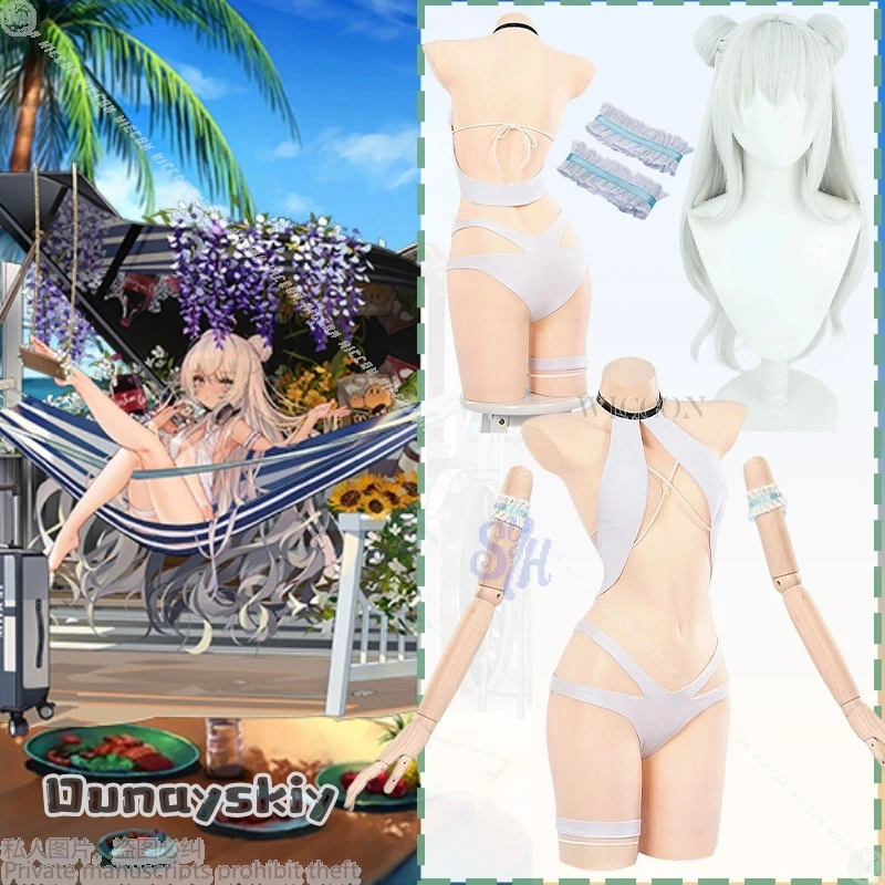 

{Amanda Cos}Anime Game Azur Lane Cosplay MNF Le Malin Costume Sexy White Bikini Kawaii Summer Swimminwear Lingerie Halloween