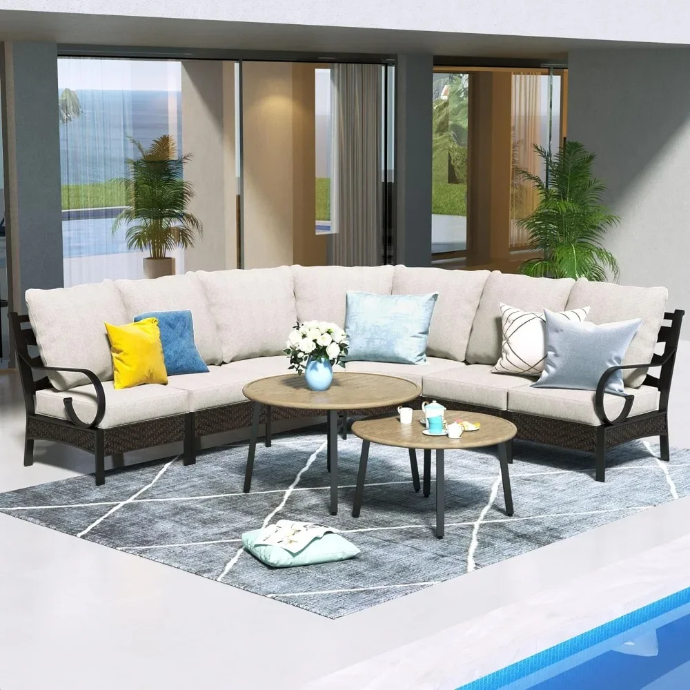 Patio Furniture Set, 6 Seats Half-Moon Curved Outdoor Sectional Sofa Set with 2 Wood-Like Round Table, Woven Rattan Patio Couch