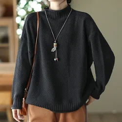 NINI WONDERLAND Autumn Winter Cotton Knitted Casual Pullover Sweater Women Solid Turtleneck Long Sleeve Loose Sweaters Tops