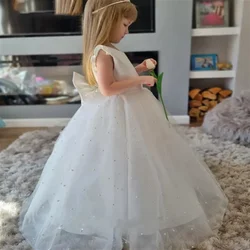 Gossamer Flower Girl Dress Princess Long Length The Round Neck Is Fluffy And Sleeveless Bow Pearls Kids Party Dress Communion