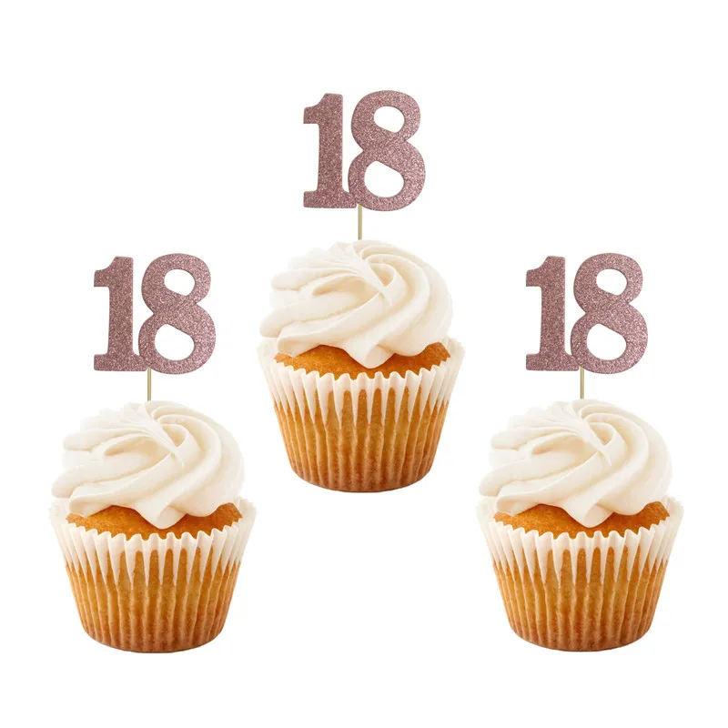 10Pcs Rose Gold 16 18 21 30 40 50 60 Year Old Cupcake Toppers Adult Happy Birthday Party Celebration Anniversary Cake Supplies