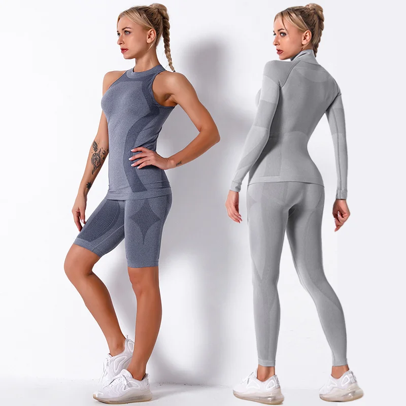 Ternos esportivos sem costura para mulheres, roupas de ginástica, treino, camisas de manga comprida, leggings de cintura alta, calças