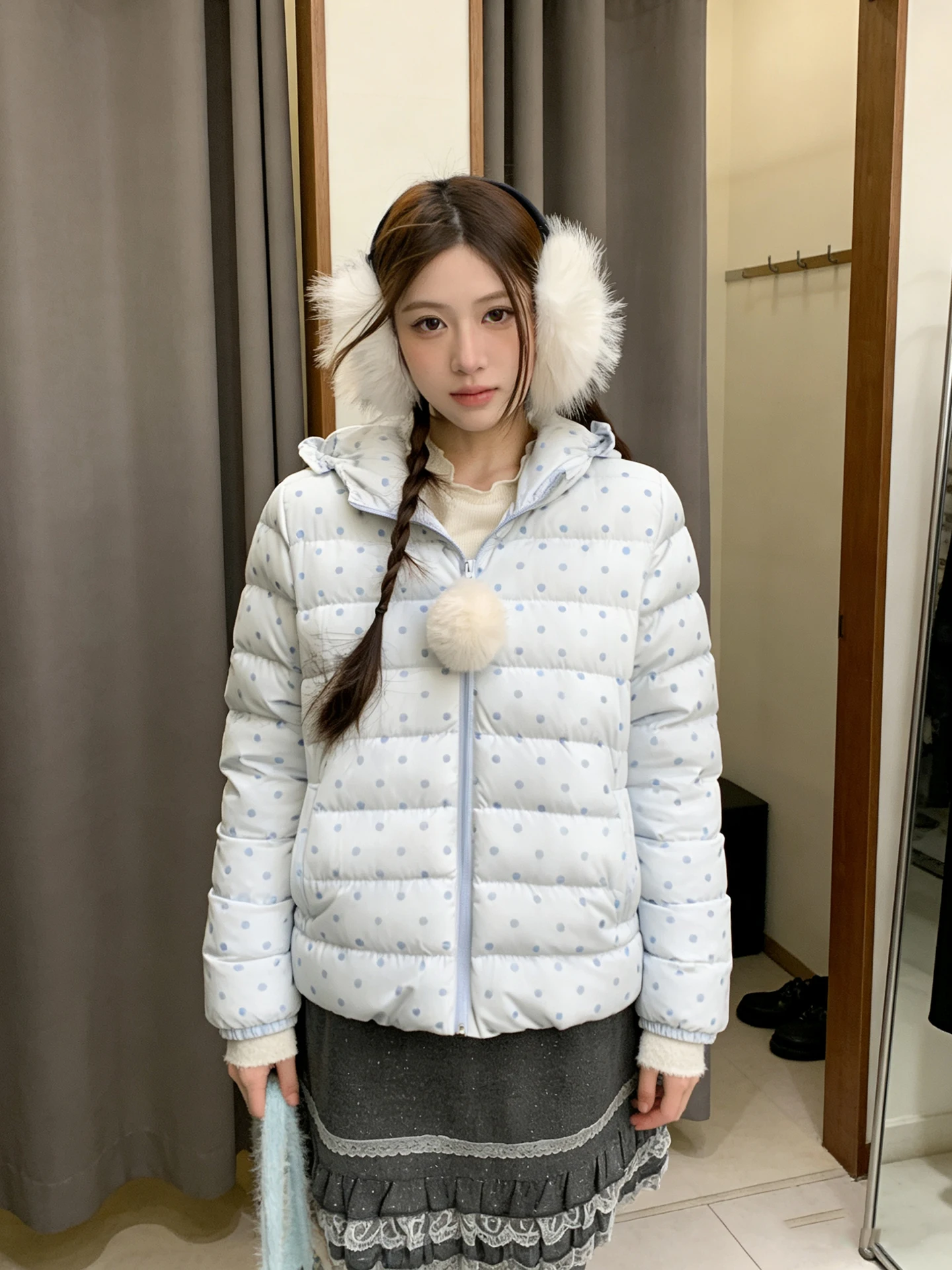 

Корейская зимняя женская куртка-пуховик с капюшоном, синяя в горошек, из хлопка, новинка, маленький размер, свободный крой, для повседневной носки