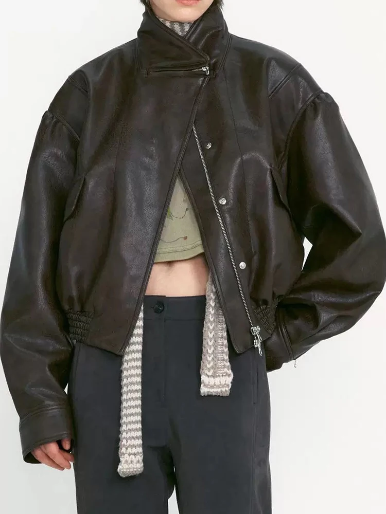 Retro motorcycle style loose-fitting high-neck zipper leather jacket short coat for women, 2026 autumn-winter new style