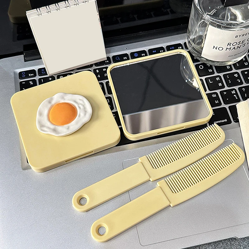 Handle Mirror Comb Portable Poached Egg Handle Mirror Yellow Quadrate Mirror Makeup Mirror With Comb For Girl Gift Makeup Tool