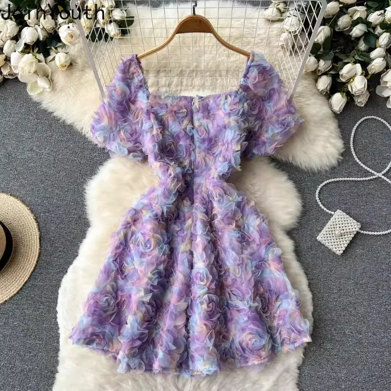 Woman Dress 2024 Vestidos De Mujer Puff Sleeve Square Collar A-line 3D Floral Temperament Robe Femme Sweet Summer Mini Dresses