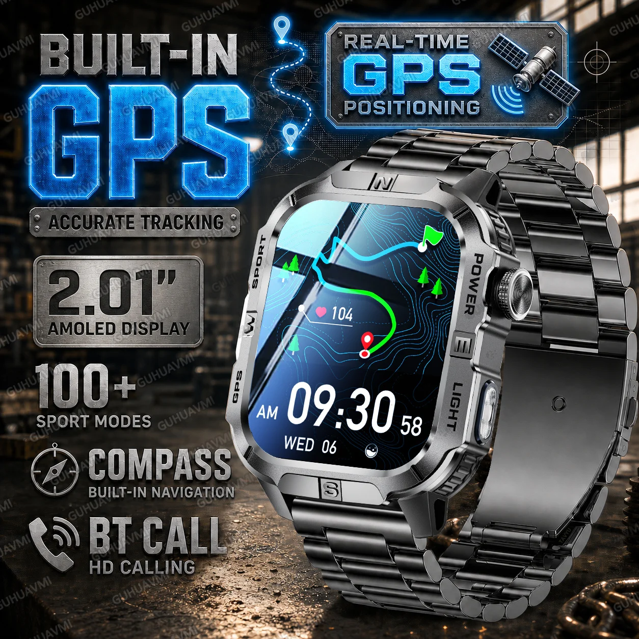 

Built-in Accurate GPS tracking Smart Watch 2.01"AMOLED Display Compass Waterproof Compass Flashlight 100+Sports Military Watch