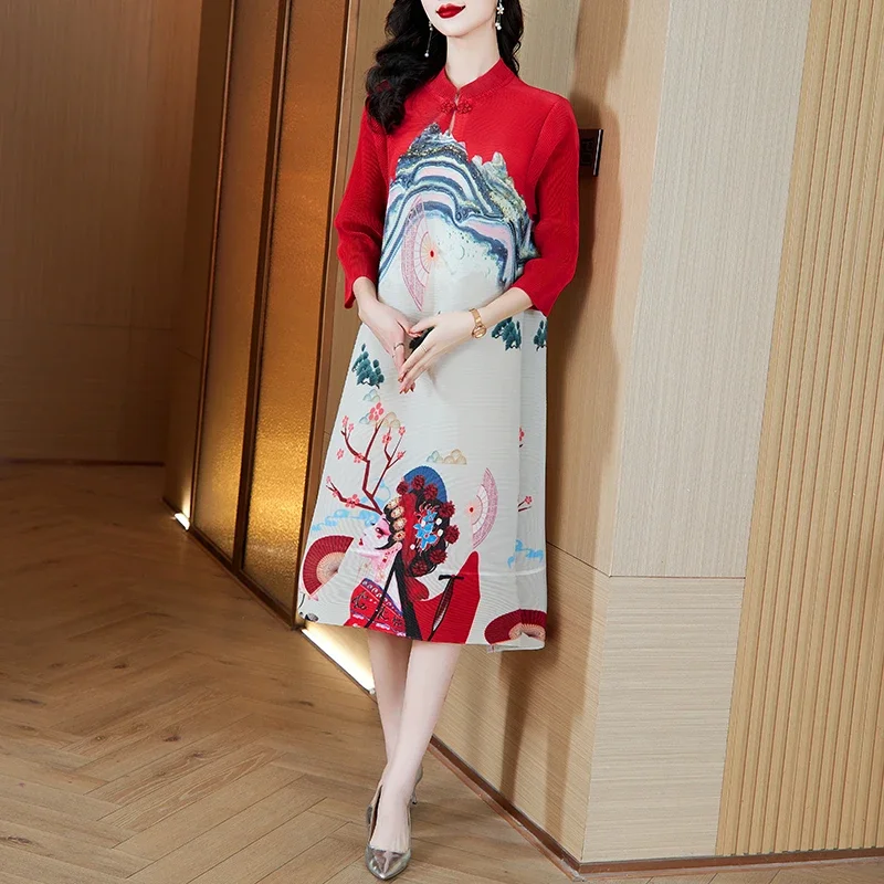 Miyake Retro Mom Dress 2024 Autumn Style Temperament Age Reducing Printing Improved Cheongsam Skirt Pleated Elegant Floral Print