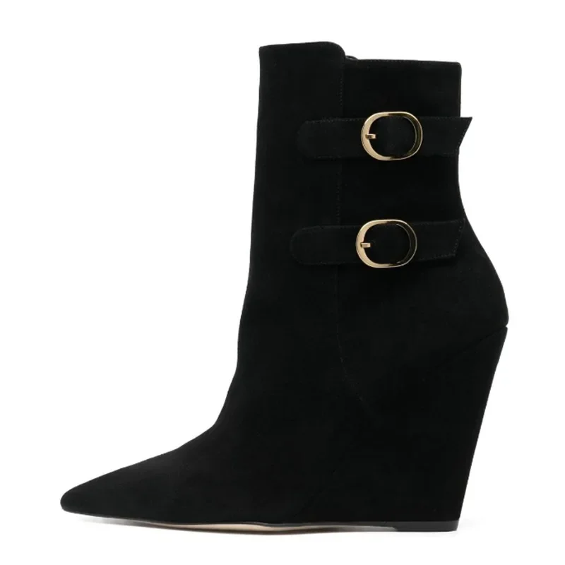 

2024 Black Leather Botas Leather Side Zipper Ankle Boots Pointed Toe Women Shoes Wedges High Heels Zapatillas De Mujer Winter