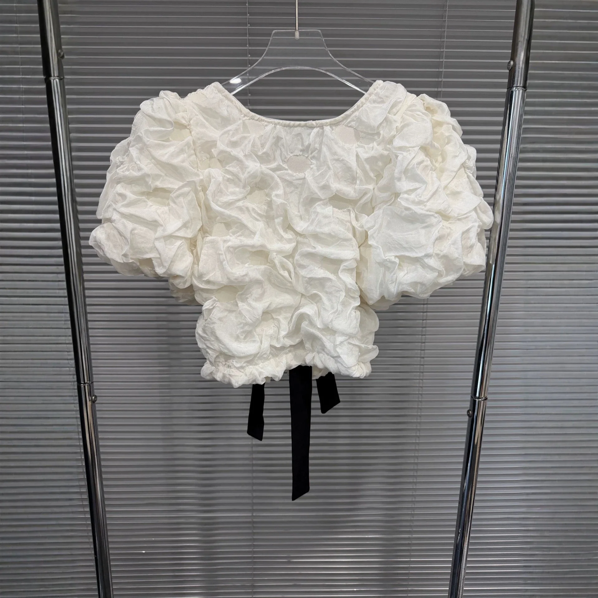 Women 2026 Summer Japanese Sweet 3D Pleated Puff Sleeve Blouse Black Bow Reversible Top Cute Age-Reducing Design