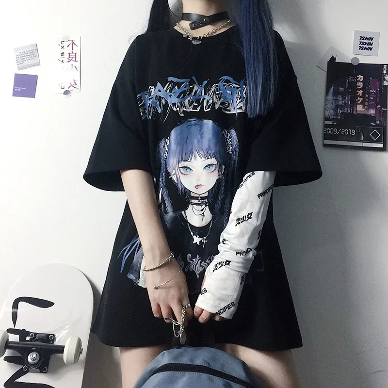 Women T-shirt Harajuku Goth Female Tee Aesthetic Loose Punk Dark Grunge Ladies Gothic Top T-shirts Clothes Y2k Streetwear