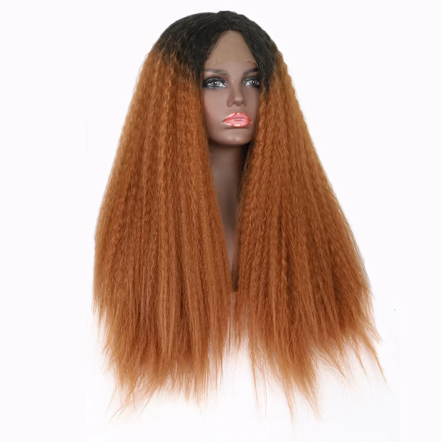 Synthetic T Part Lace Wig Long Omber Brown Wig Yaki Straight Wig for Women Daily Party Use Natural Hairline Heat Resistant Hair