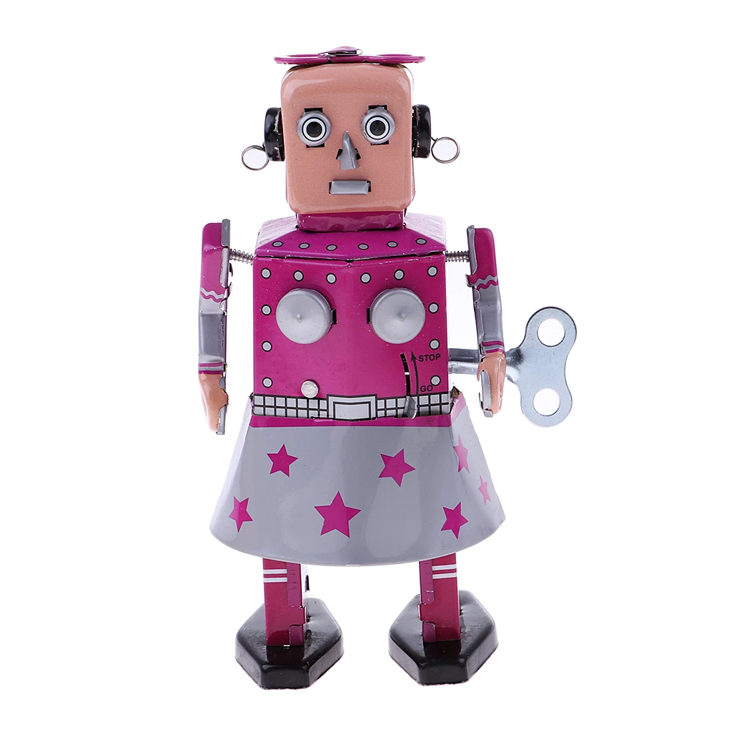 Vintage Clockwork Walking Tin Robot Antique Mechanical Wind Up Toy with Key for Kids Children Birthday Present Home Decor