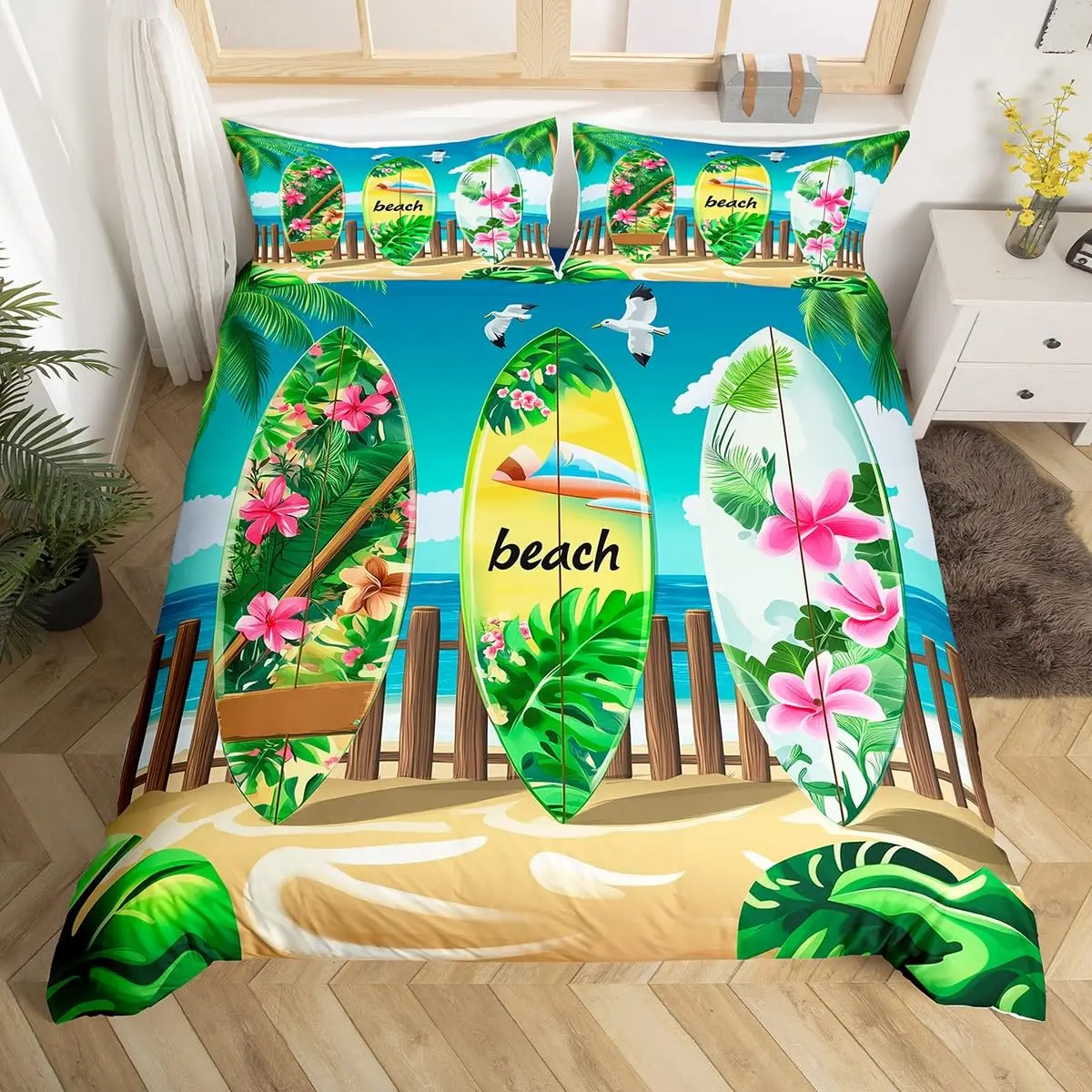 Kids Surfboard Duvet Cover Twin Queen Hawaii Ocean Surfing Bedding Set Boys Teens Men Sea Coastal Flower Decor Comforter Cover