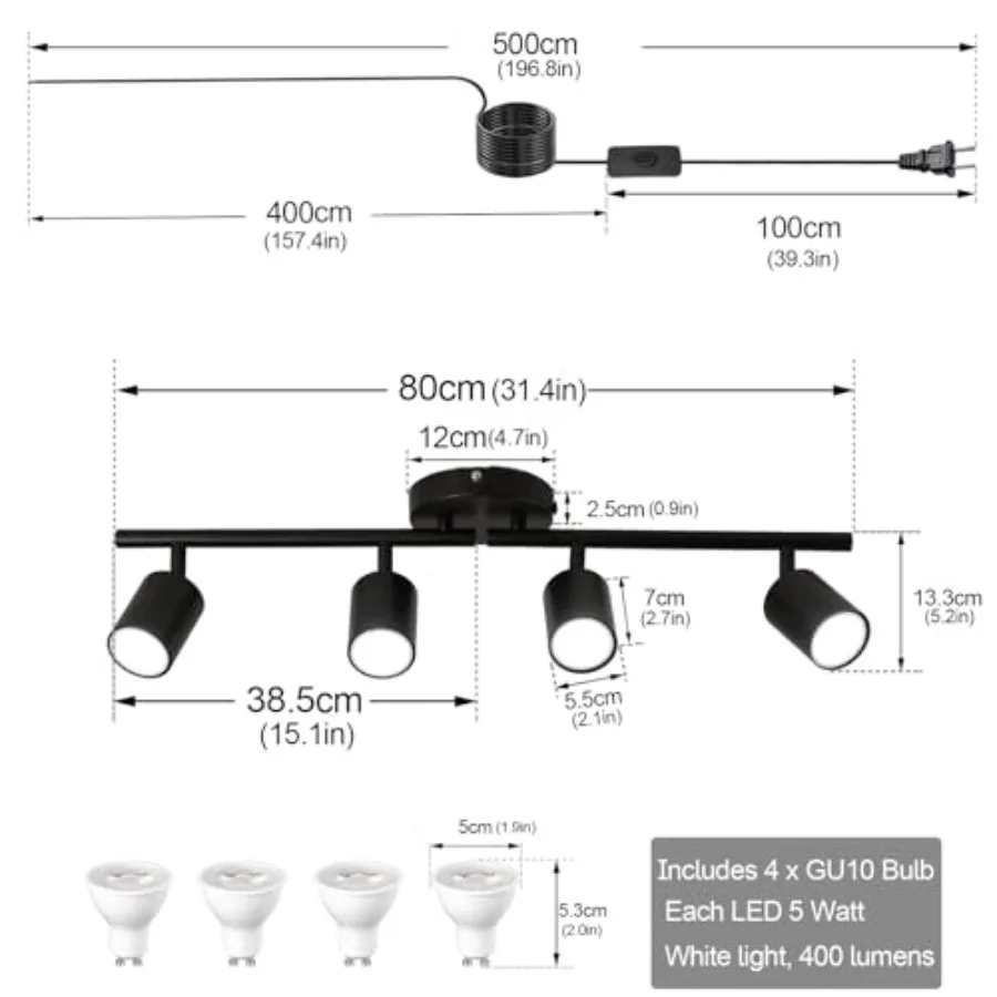 Plug in Track Lighting Kit, 80cm LED 4 Light Kitchen Track Lighting, Corded Wall Light with 16.4ft Cord, Way Ceiling Spot Light view 5
