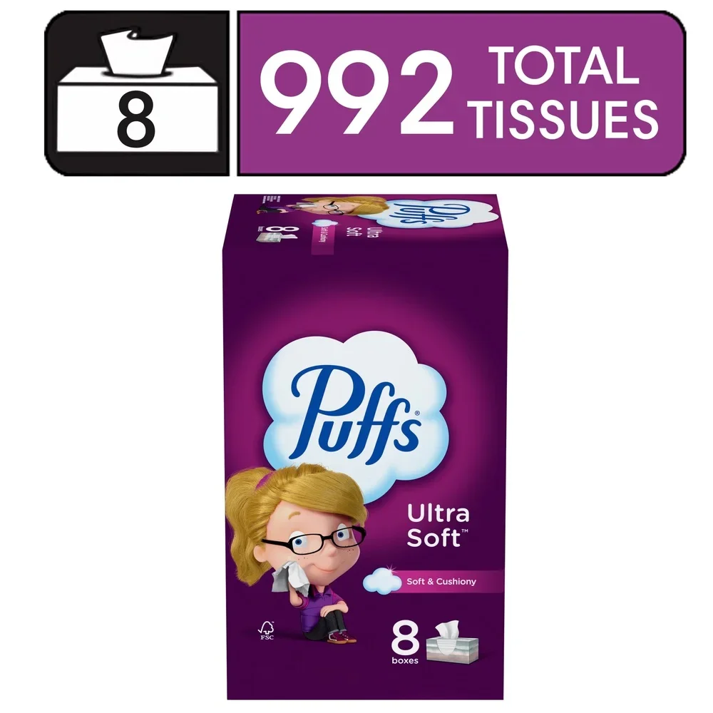 Ultra Soft Facial Tissues 8 Family Size Boxes 124 Tissues per Box Strong Non Lotion 2 Ply Gentle on Sensitive Skin Comforting