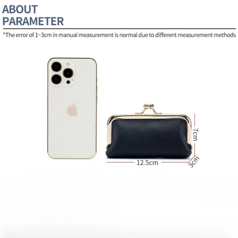 Lightweight Genuine Cowhide Kiss Lock Coin Purse Women Mini Purse Lipstick Keys Credit Card Storage Pouch Frame‑Closure Wallet