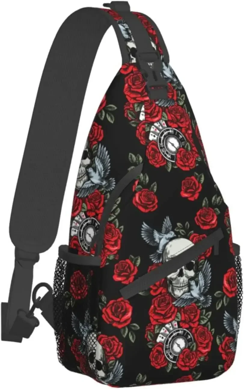 Sling Bag Skull Bird Red Rose Gothic Hiking Daypack Crossbody Shoulder Backpack Travel Chest Pack for Men Women Over 12 Years