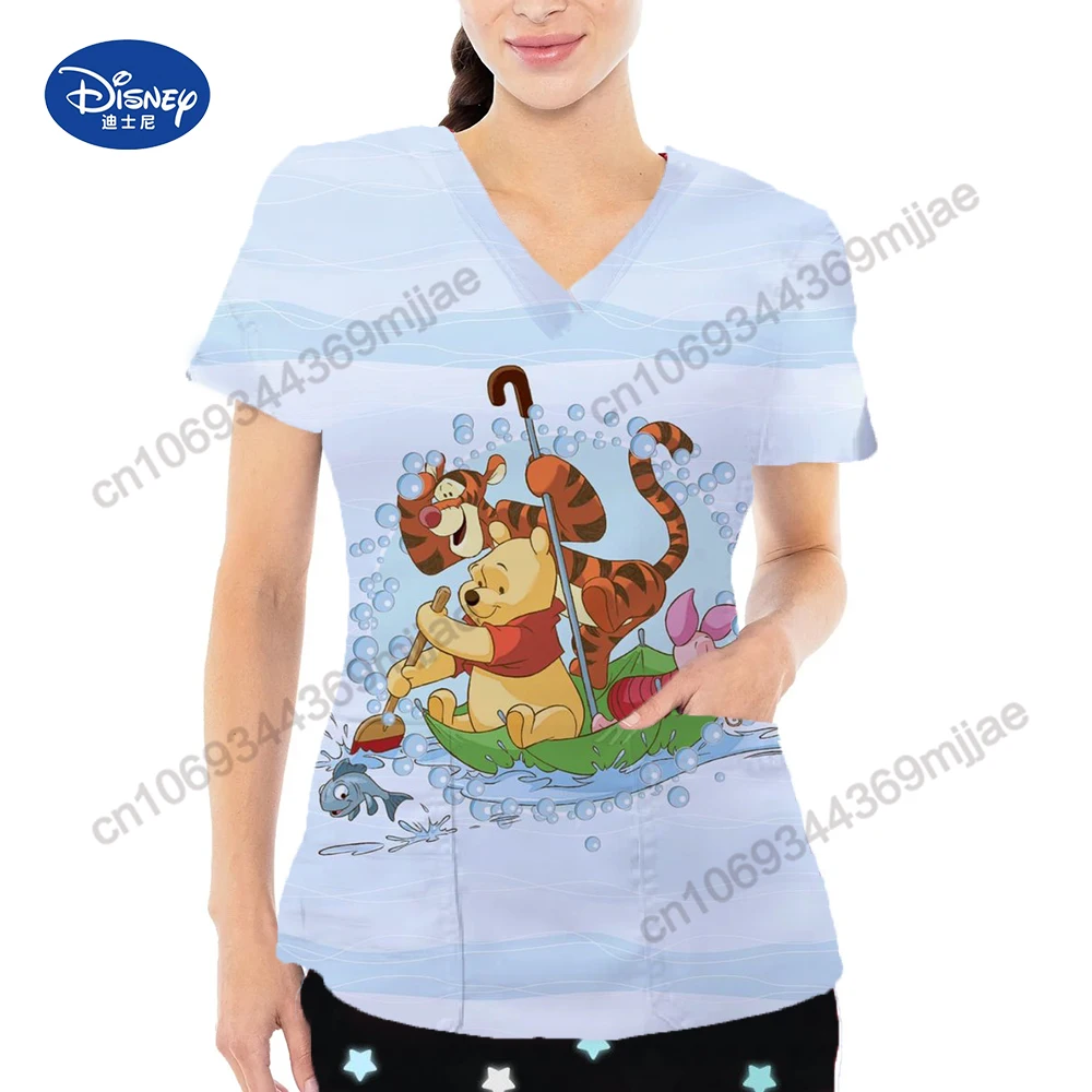 2024 Summer New Pretty Disney Cartoon pattern Double Pocket V-Neck Design Style Comfortable Clothing Female nurse\'s uniform