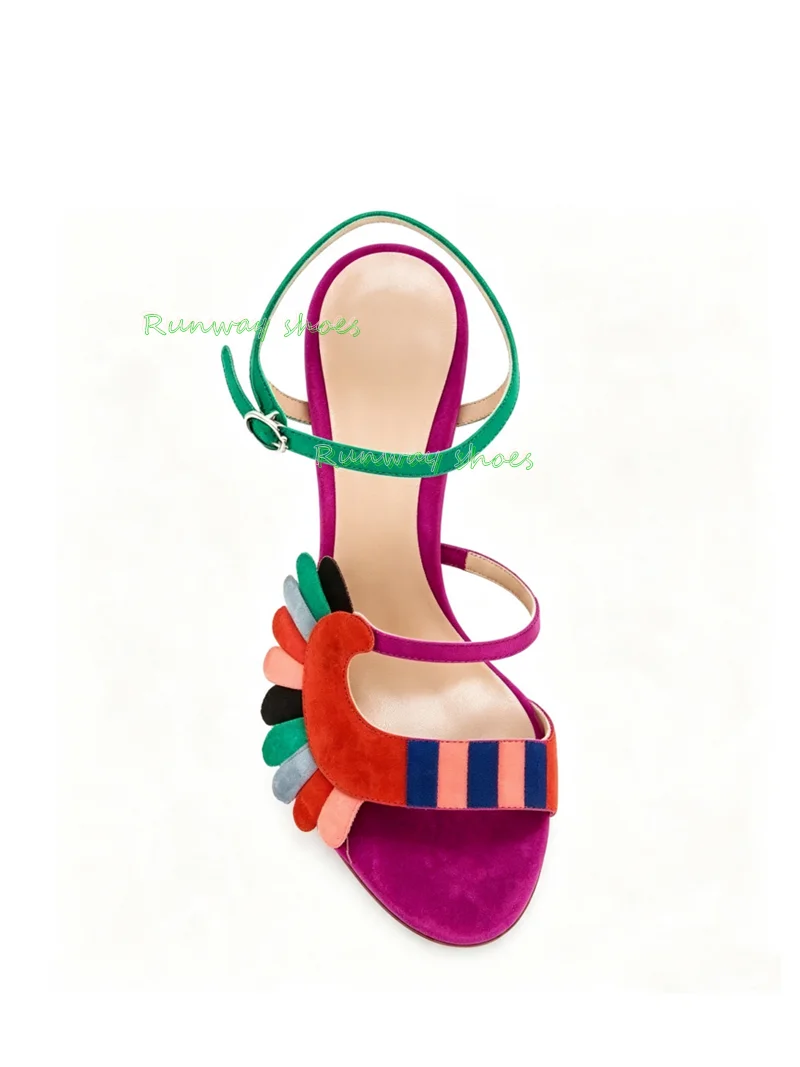 Rainbow Petal Ctype Pointed Toe Instep Hollow Out Rose Red Sandals Art Color Blocking Green Stilettos Banquet Shoes Luxury 2026