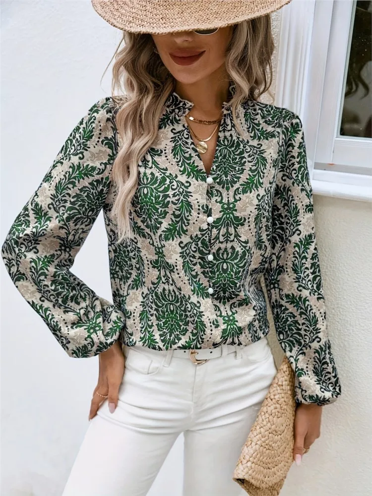 

Fashion Vintage Print Blouse Top Women 2024 Spring Autumn Casual V-neck Long Sleeve Buttons Shirts Tops Office Lady Party Top