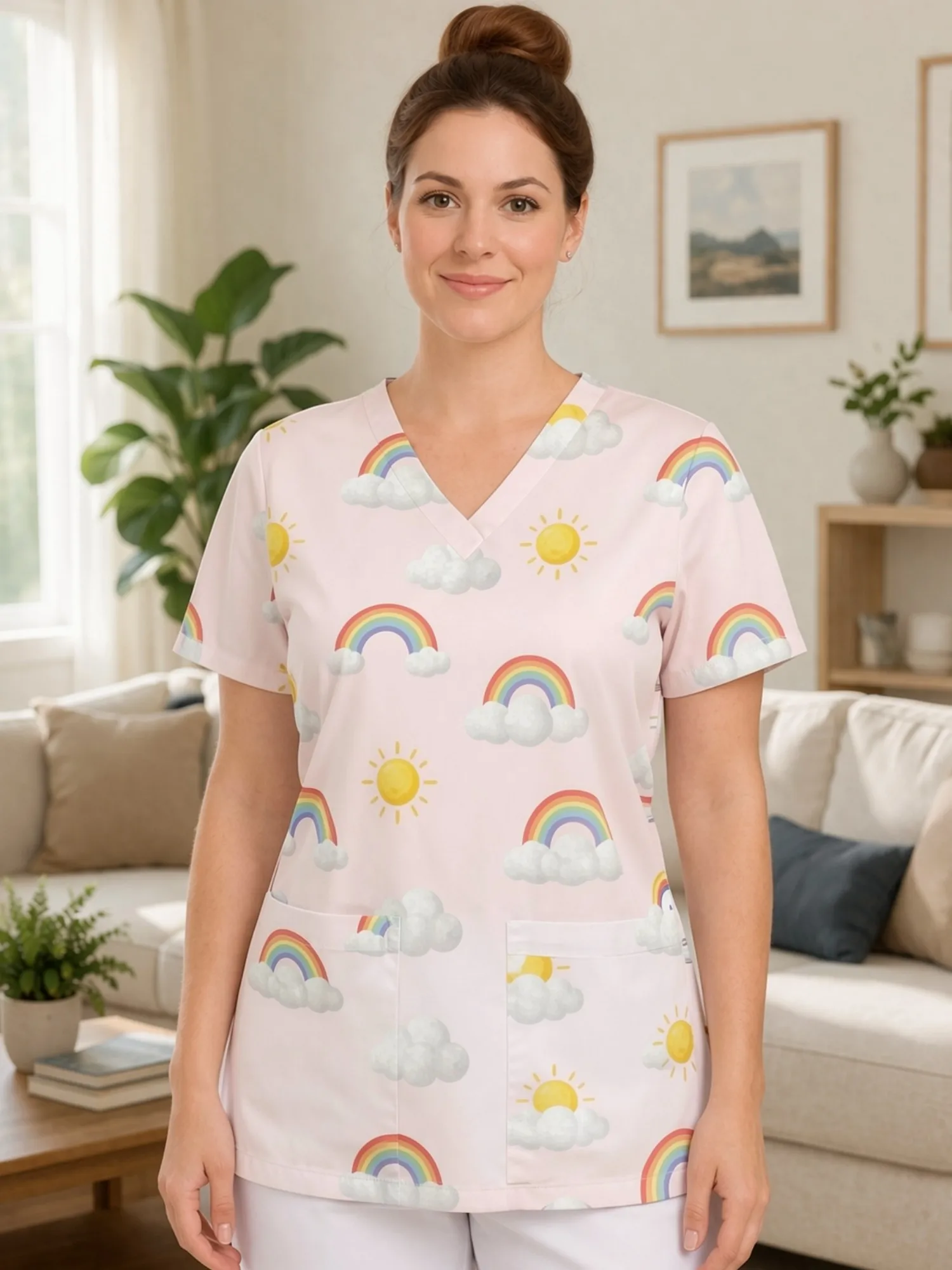 Womens Classic V Neck Nurse Uniform Top With Functional Front Pockets Modern Floral Pattern Casual Fit Relaxed Fit For Home Care