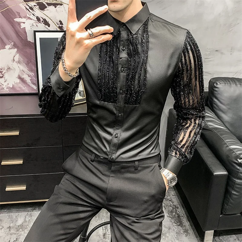 

Lace Hollow Shirts for Men Long Sleeve Slim Fit Streetwear Social Party Blouse Nightclub Singer Dj Clothing Camisas Para Hombre