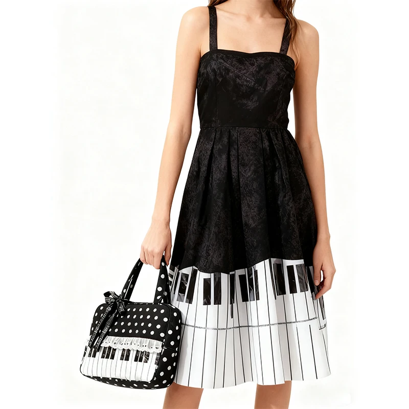 Polka Dot Piano Key Lace Ribbon Umhängetasche, Kontrastfarbe Patchwork Große Damen Bowling Tote Bag, Y2k Girls Wave Point Handtasche – Detail 8
