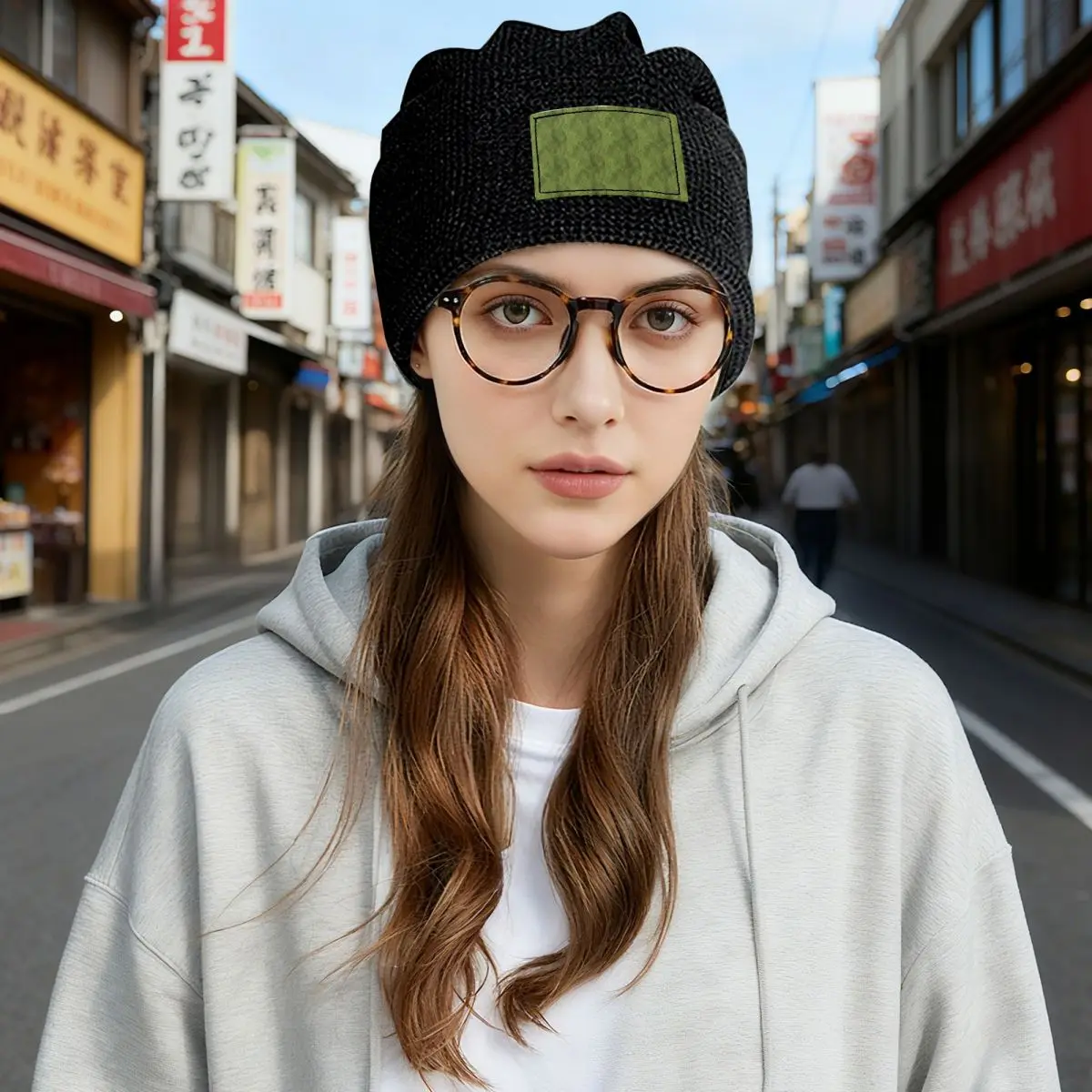 Green Lizard Skin Pattern Design Waffle Knit Fleece Lined Beanie with PU Leather Patch Unisex Warm Winter Soft Cap