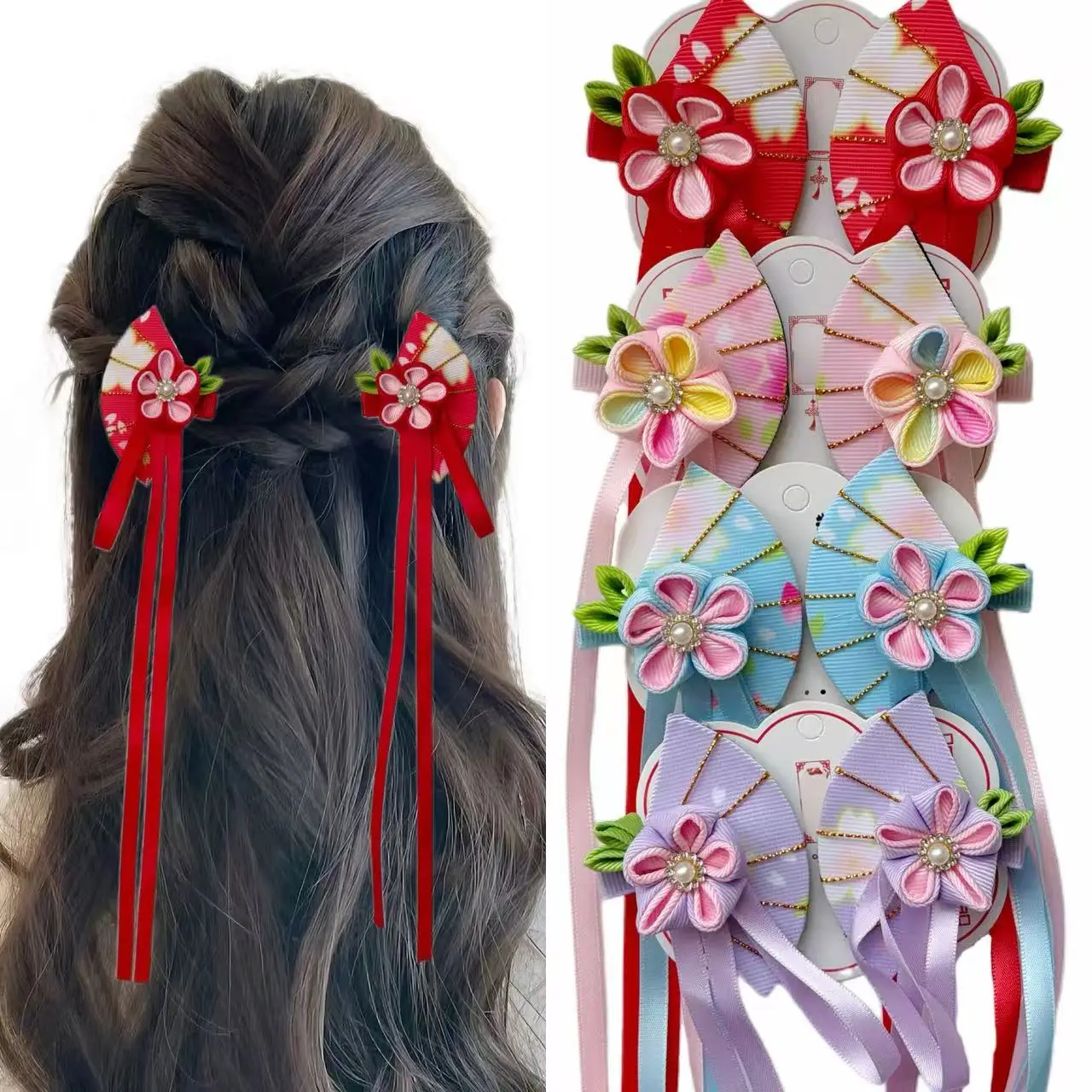 2PCS Handmade Hanfu Hair Clips – 3D Fan-Shaped Floral Pearl Hairpins with Ribbon, Elegant Japanese Accessories for Parties &