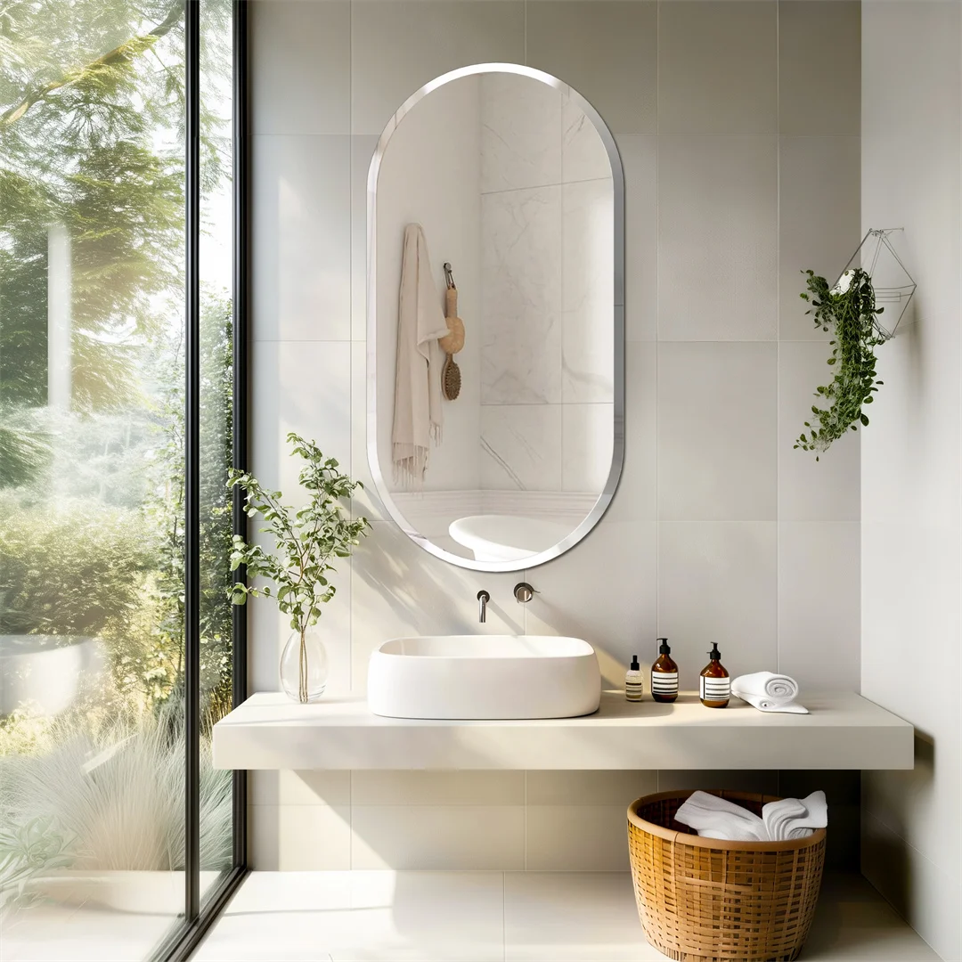 Silver Glass Wall Decor Mirror Frameless Long Oval Bathroom Vanity Mirror  with Beveled Edge for Bathroom Entryway